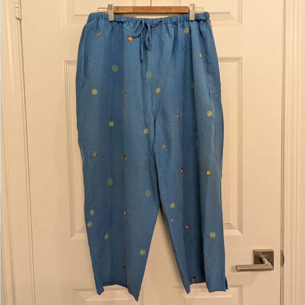 Women's Blue Wide Leg Pants with Tropical Fish Embroidery 16W Resort Wear - Picture 2 of 9